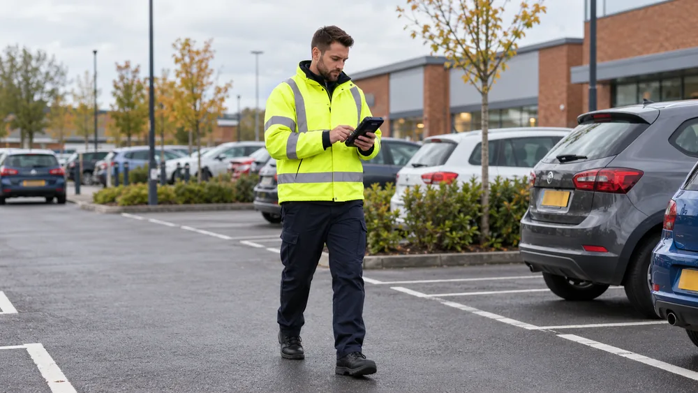 Parking operative using a handheld device in a UK car park.