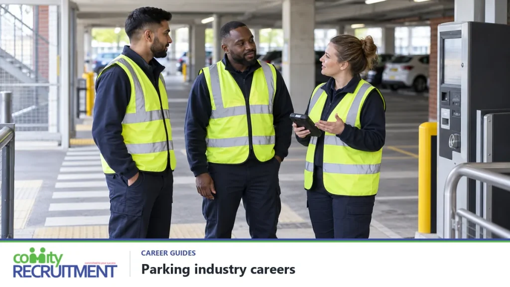 Three parking colleagues discussing a handheld device beside a parking payment machine.