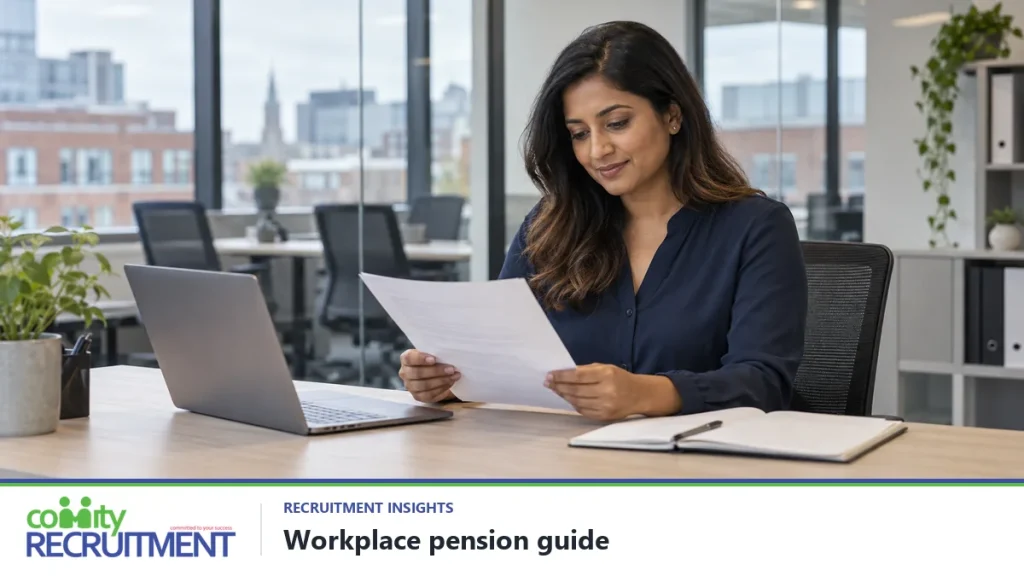 Worker reviewing employment paperwork at a desk in a professional UK office.