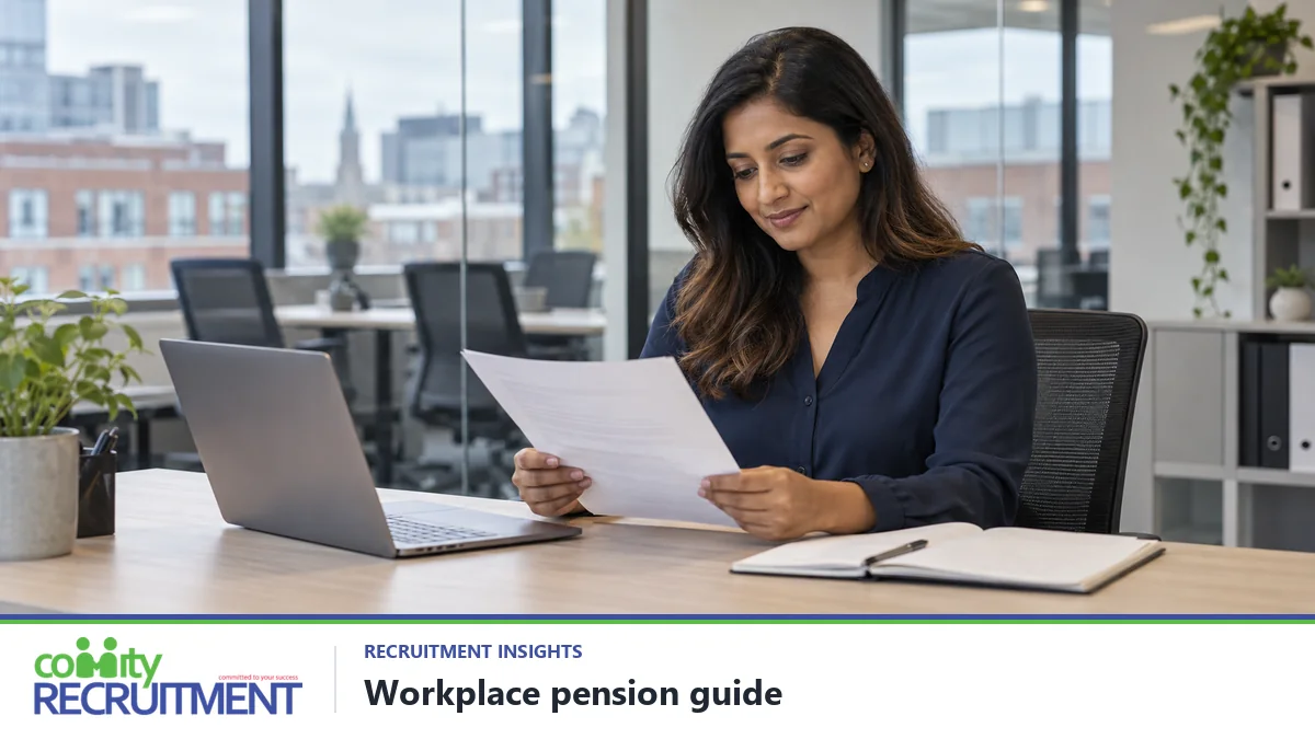 Worker reviewing employment paperwork at a desk in a professional UK office.