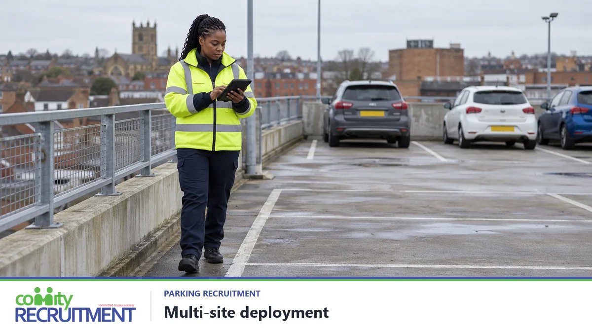 Parking operative checking a handheld device on a British multi-storey car park roof.
