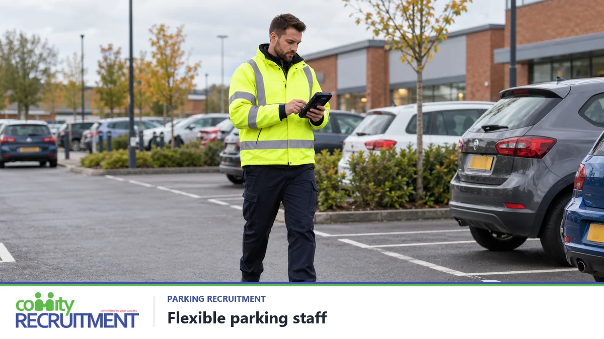 Parking operative checking a handheld device in a UK retail car park.